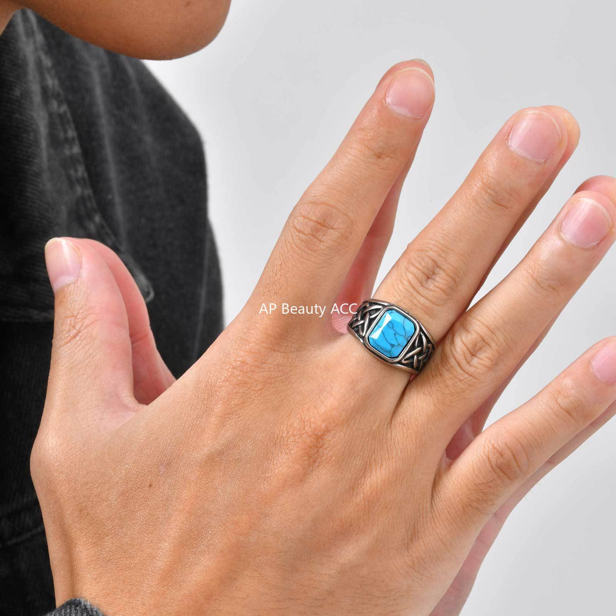 G廠-不鏽鋼男式扳指方形綠松石虎眼石凱爾特結戒指送男友「RC-605」25.12-2