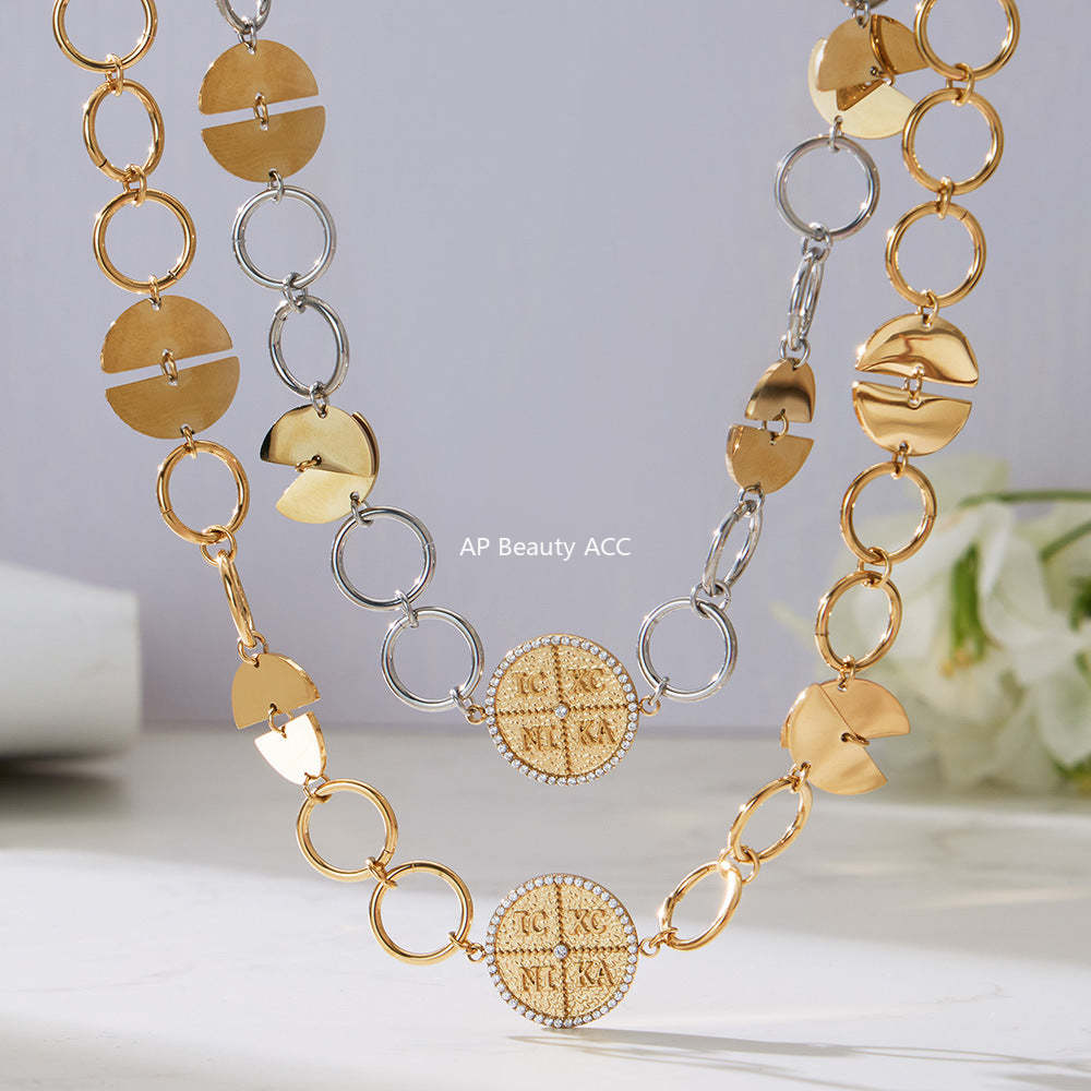 B廠-歐美新款配飾不鏽鋼圓片字母鑲嵌鋯石項鍊手鍊套裝鍍18k金「TXP488」25.11-4