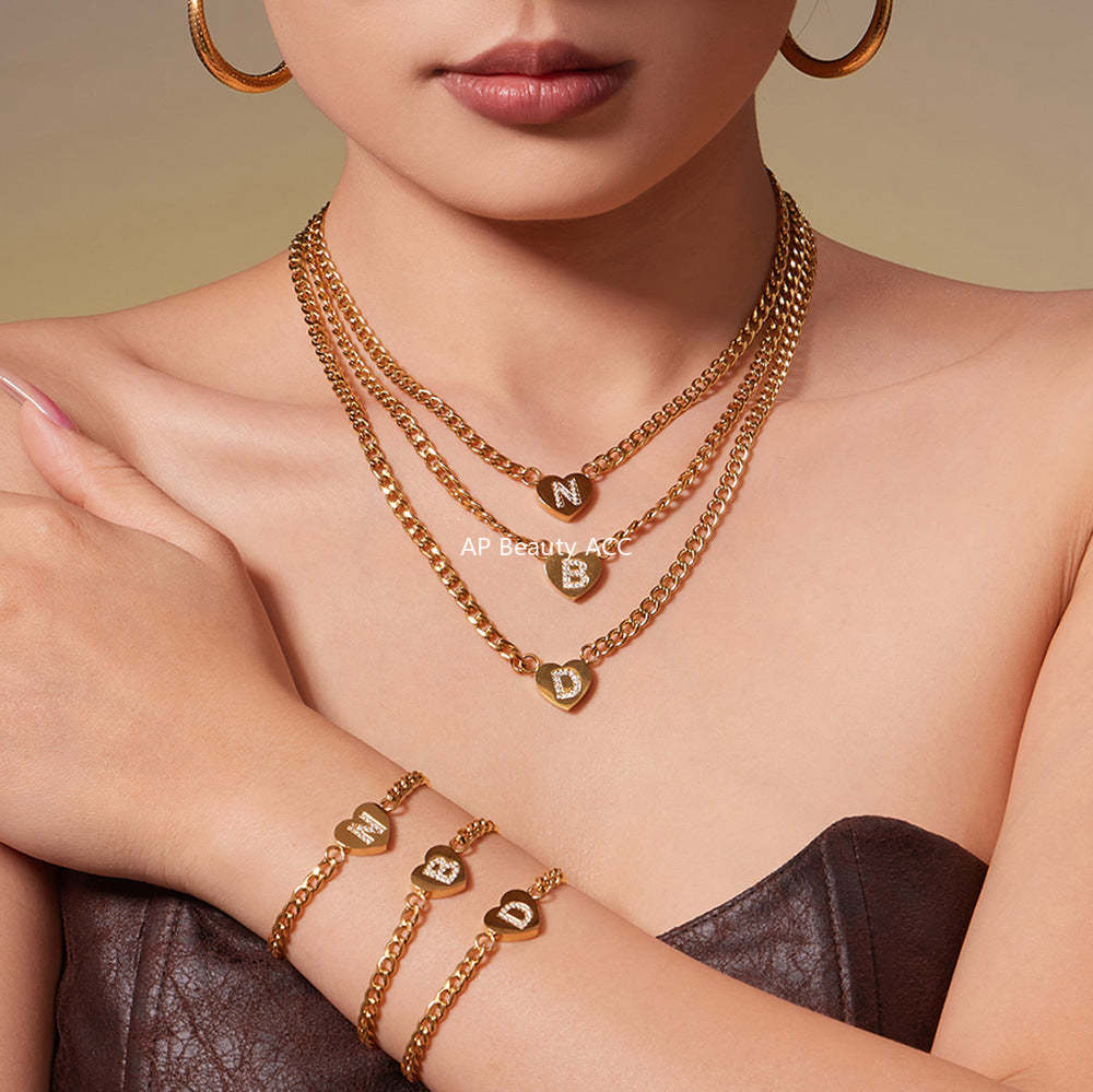 B廠-不鏽鋼愛心字母鑲嵌鋯石吊墜項鍊手鍊套裝 歐美個性首飾鍍18k真金「RP021」25.12-1