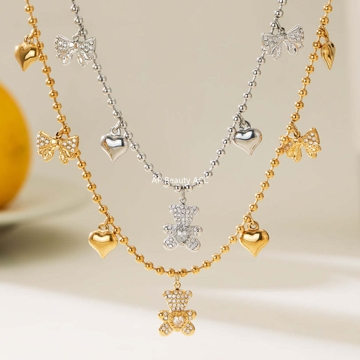 B廠-不鏽鋼5A鋯石滿鑽小熊蝴蝶結愛心多配件吊墜項鍊手鍊耳環首飾套裝「TXP500」25.11-4