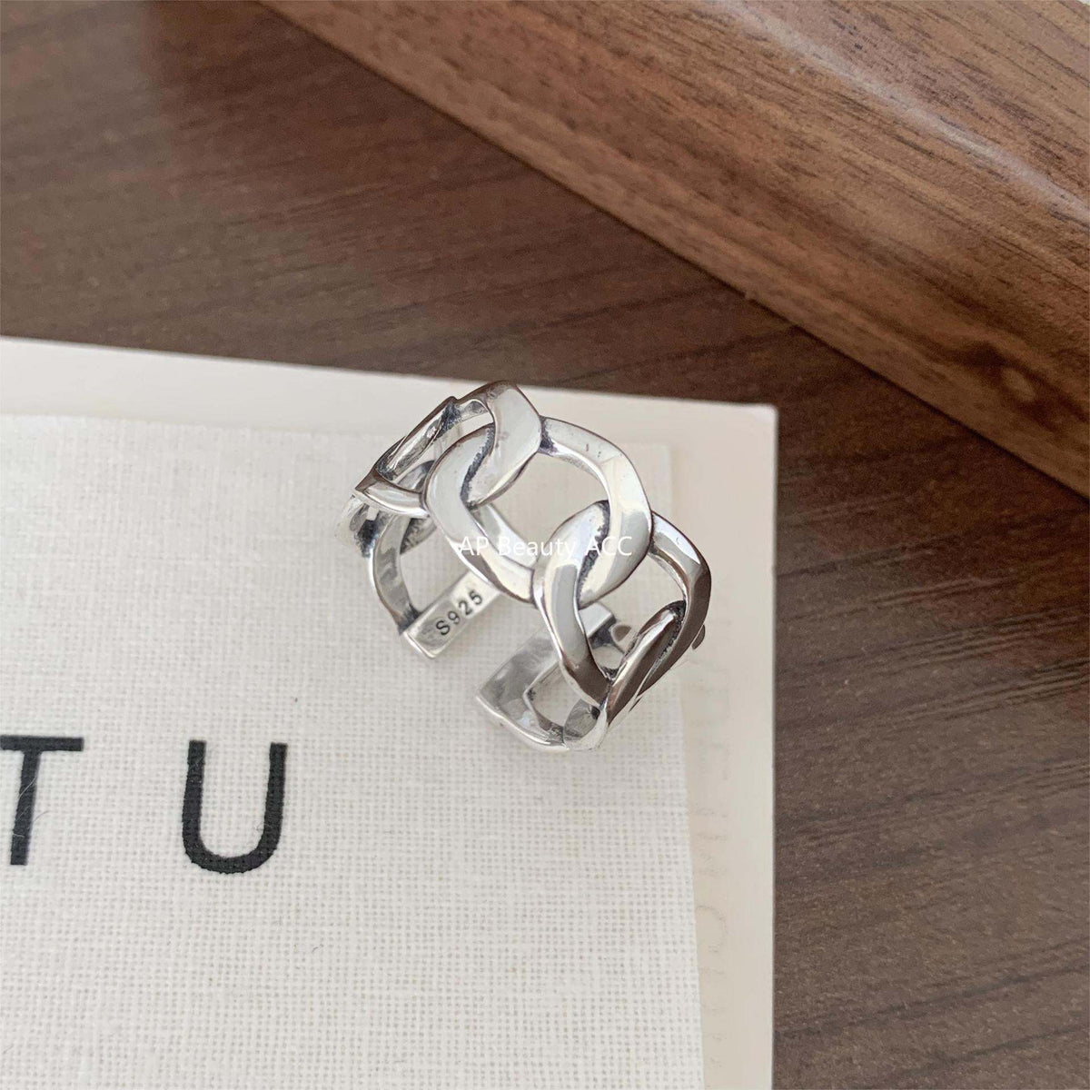 F廠-韓國韓版S925純銀簡約 個性復古泰銀 寬鎖鏈方條開口戒指指環「J549」25.12-2