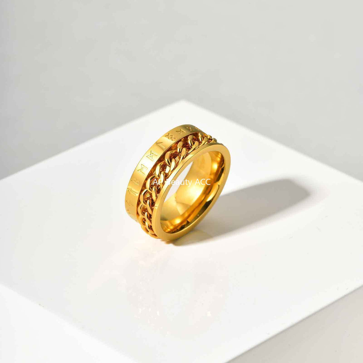 G廠-歐美時尚新款不鏽鋼維京盧恩文鏈條可轉動戒指金色「R-651」25.10-5