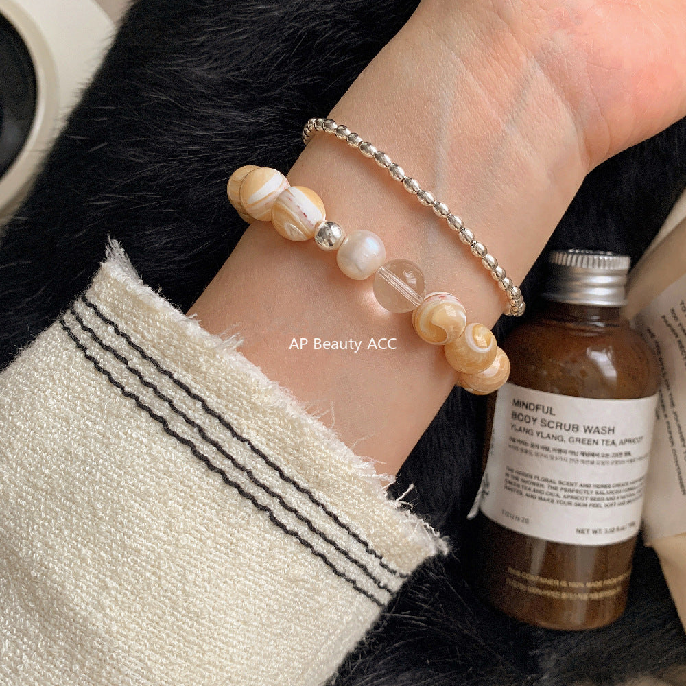 C廠-chic輕奢百搭天然貝珠海貝殼珠天然淡水珍珠天然白水晶黃塔晶手鍊「1543」25.11-2