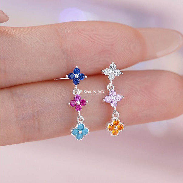 D廠-S925純銀個性彩色四葉草耳環環甜美多巴胺可愛清新簡約首飾批發「YC3164R_1 YC6343E_1」25.11-2
