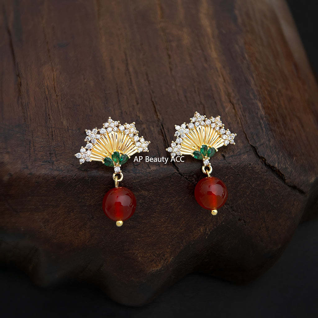 A廠-原創設計新中式微鑲鋯石925銀針扇形紅瑪瑙民族風新款耳飾耳環「7041」25.11-1