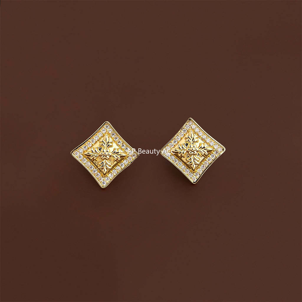 A廠-原創鳶尾花時尚高級感微鑲鋯石方形幾何s925銀針新款耳飾耳釘「7246」25.12-3