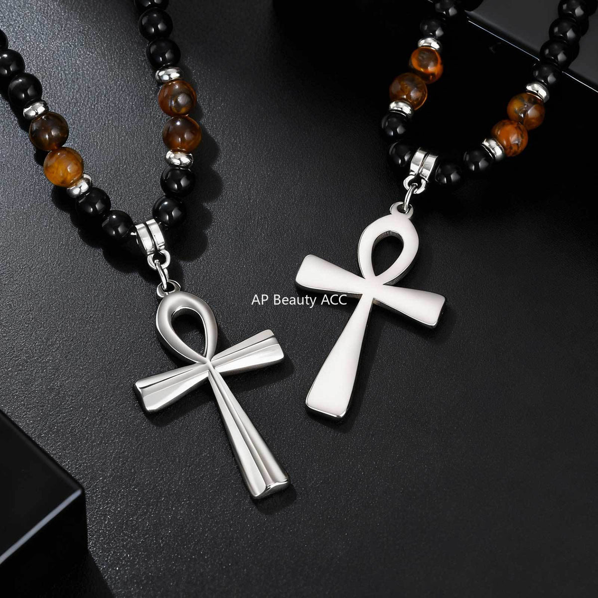 G廠-新款不鏽鋼安卡十字架黑色亞克力圓珠虎眼石串珠項鍊鋼色「NC-1700」25.12-2