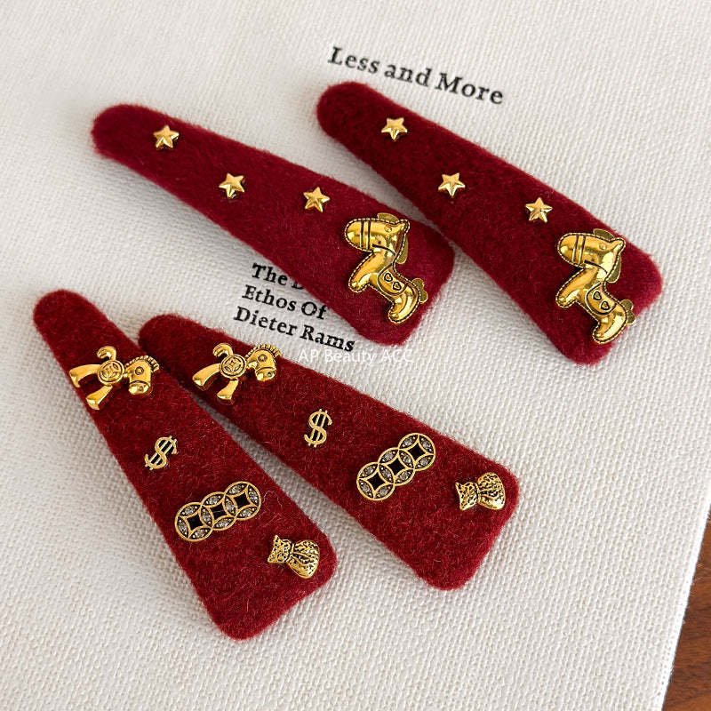 E廠-馬上有錢花新年紅色喜慶髮夾高級設計感豹紋側邊瀏海碎髮BB夾髮卡「27821」25.12-3