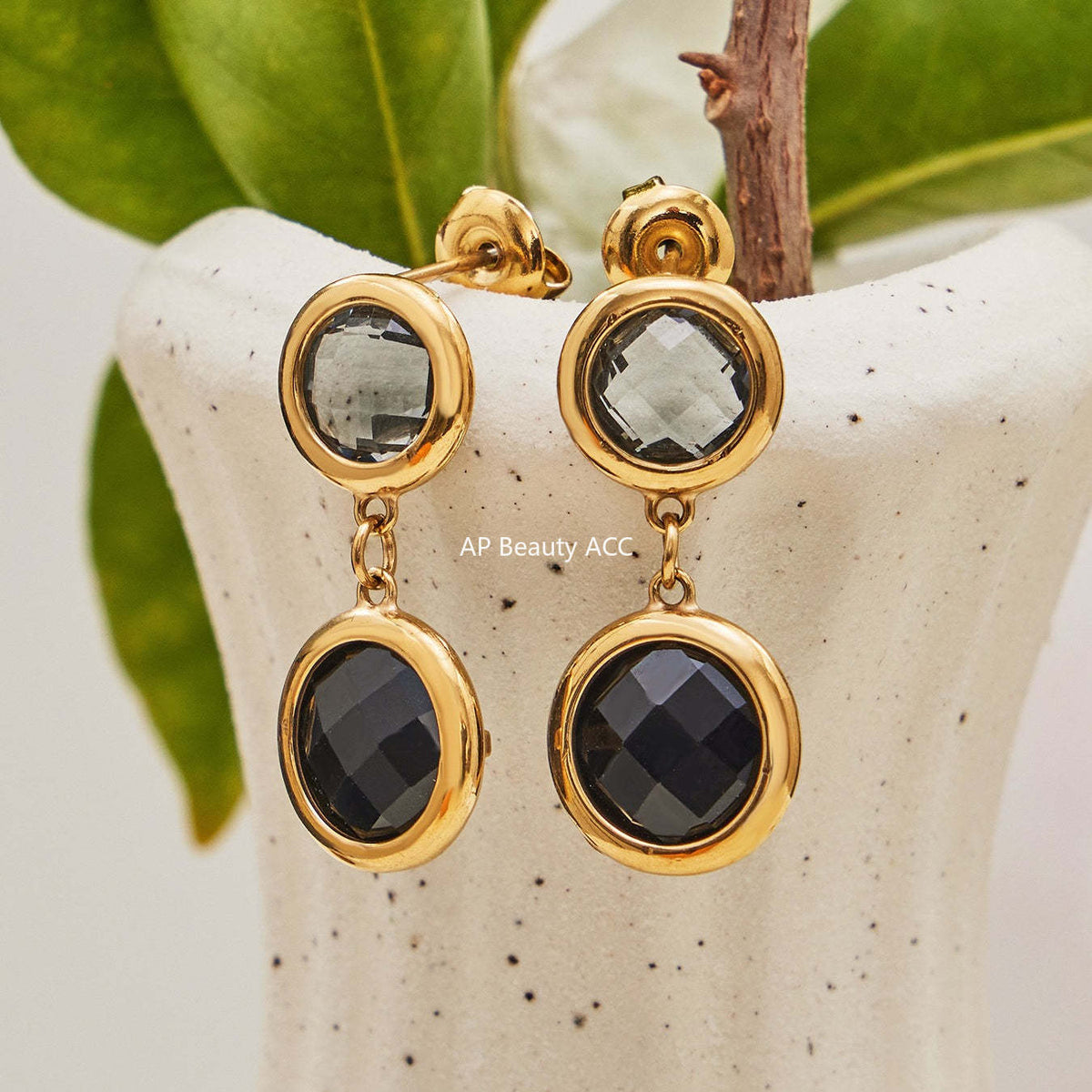 B廠-不鏽鋼滿鑽鋯石切麵包邊玻璃石手鍊耳環鍍18k真金首飾套裝不掉色「TXE508」25.12-1