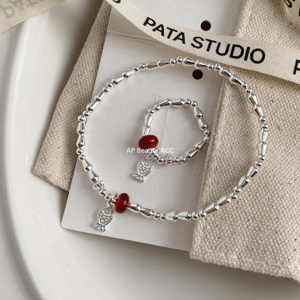 C廠-新中式國風古風小魚兒紅瑪瑙S925純銀戒指彈力戒指S925純銀手鍊「1511」25.11-3