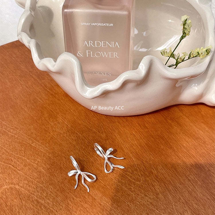 C廠-絲帶蝴蝶結耳釘女小眾設計感高級耳環耳圈拉絲絕美特純銀針耳飾「EH-3250.SJ」25.12-2