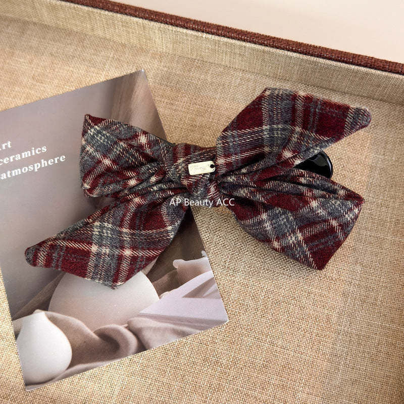 E廠-韓ins愛心波點毛呢格紋蝴蝶結金標後腦勺盤髮夾扎馬尾橫夾髮夾「27749」25.12-1