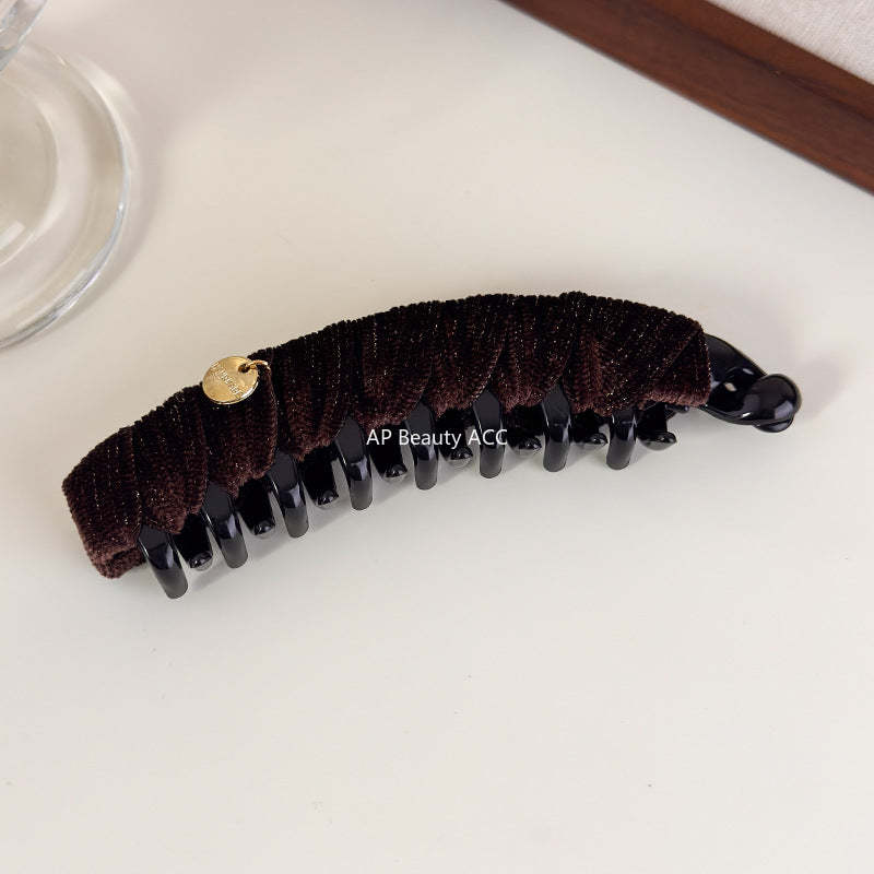 E廠-秋冬復古絨布三角抓夾輕奢純色布藝纏繞香蕉夾高級感扎馬尾竪夾「27720」25.11-4