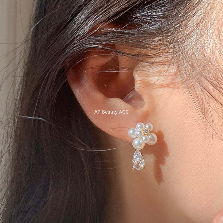C廠-法式輕奢鋯石耳環女氣質優雅高級感珍珠耳釘復古精緻時尚花朵耳飾「EH-4351」25.12-1