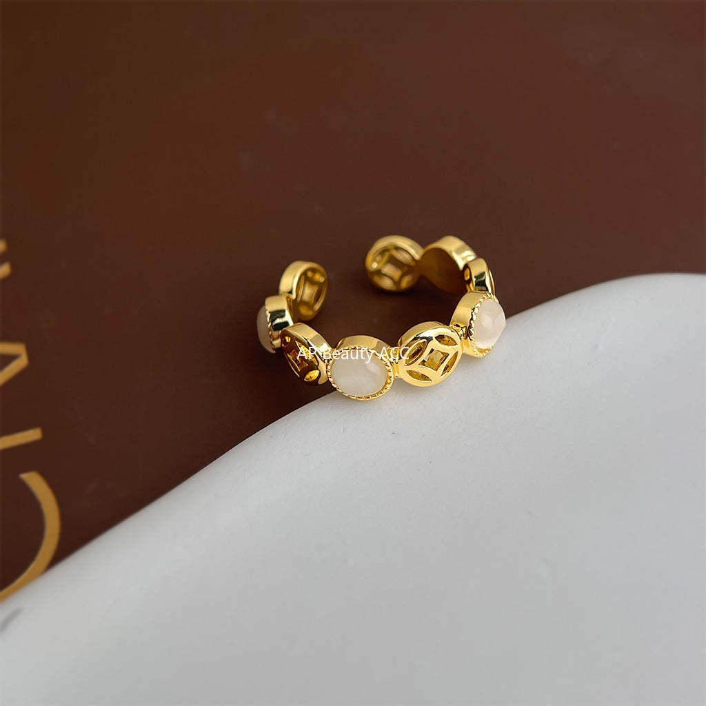 A廠-【八方來財】厚鍍真金保色玻璃貓眼石戒指開口可調節指環手飾「7241」25.12-3