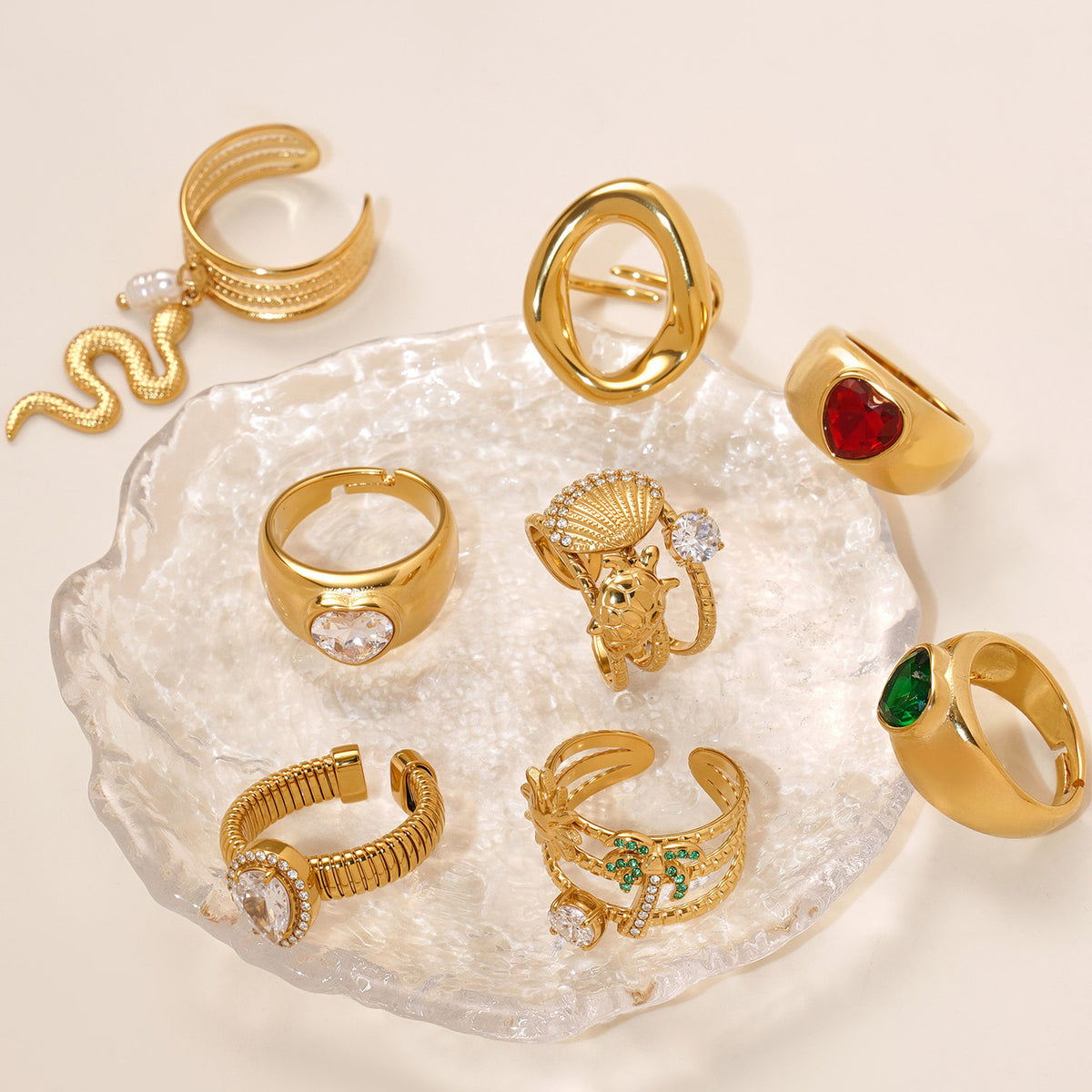 B廠-歐美跨境新款飾品5A鋯石愛心開口戒指組合不鏽鋼18k鍍真金「A262」25.08-5