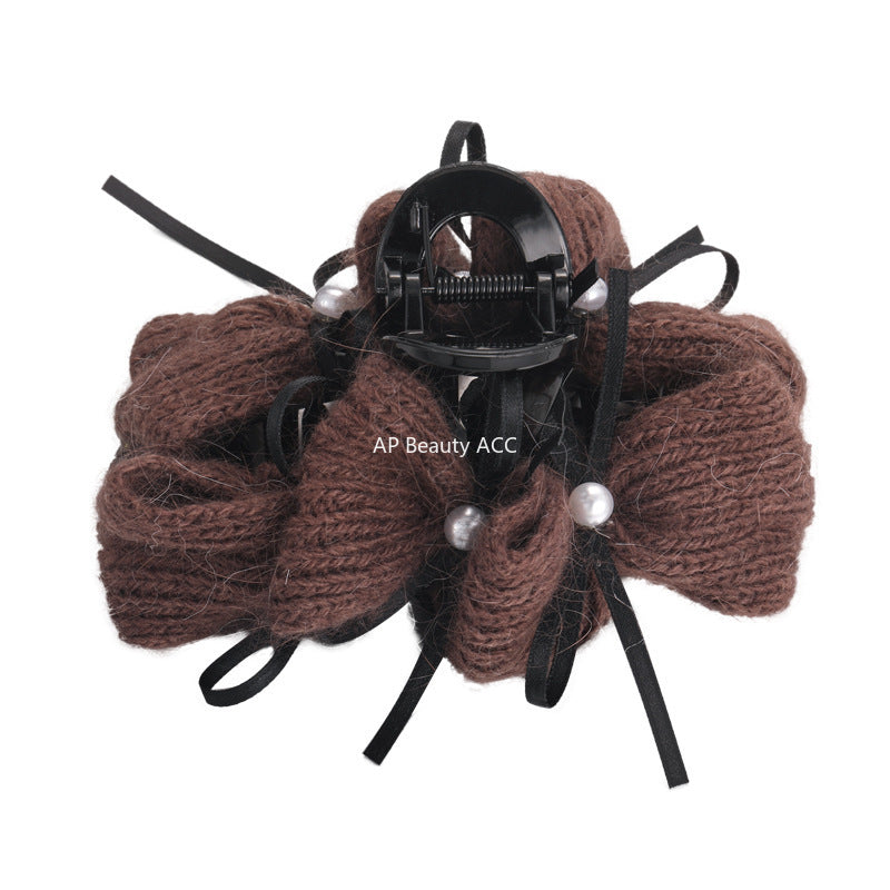 E廠-秋冬氛圍感韓系兔毛毛線珍珠絲帶蝴蝶結抓夾後腦勺髮夾精緻鯊魚夾「27667」25.11-2