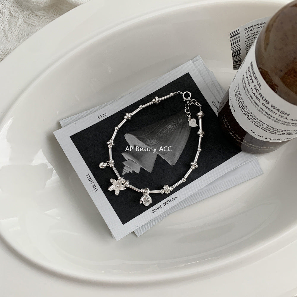 C廠-清新甜美森系花朵花葉圓珠直管S925純銀手鍊銀手鍊「1546」25.11-2