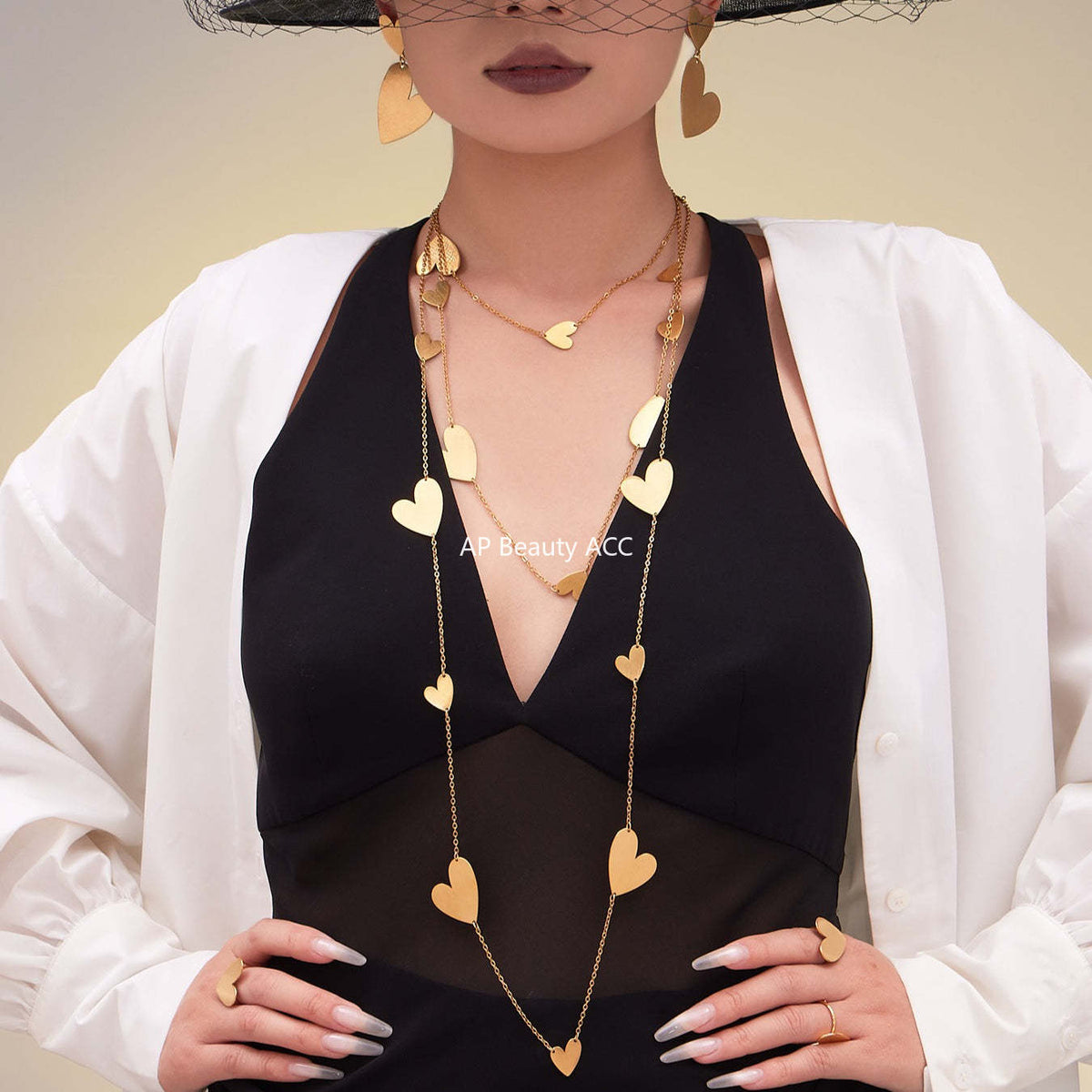 B廠-不鏽鋼大小愛心質感耳環戒指毛衣鏈跨境飾品套裝鍍18k真金「TXP462」25.10-5