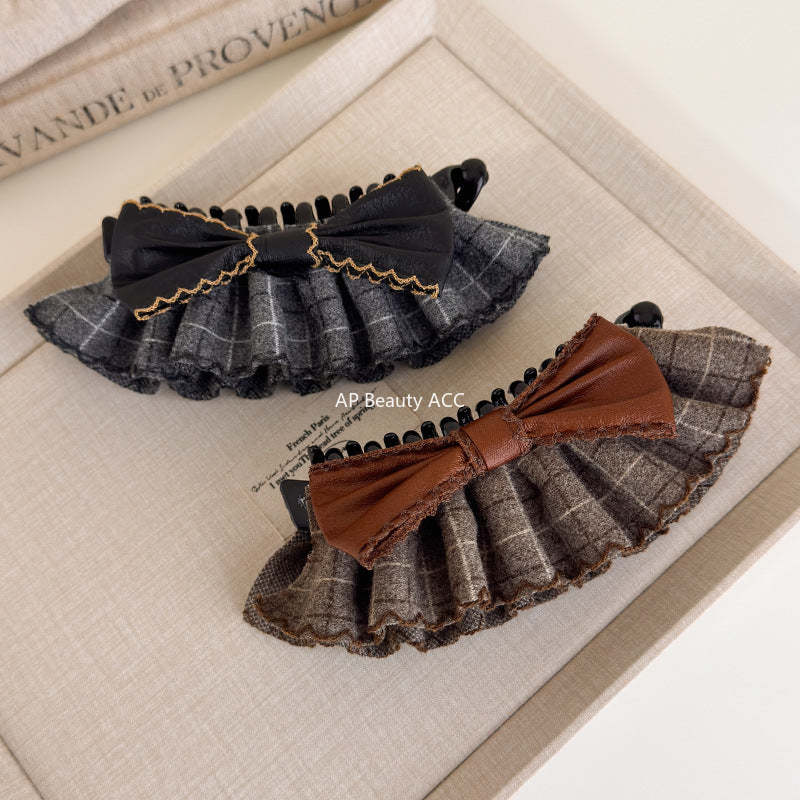 E廠-復古格紋學院風可露麗香蕉夾後腦勺蝴蝶結髮夾髮卡竪式高馬尾髮飾「27719」25.11-4