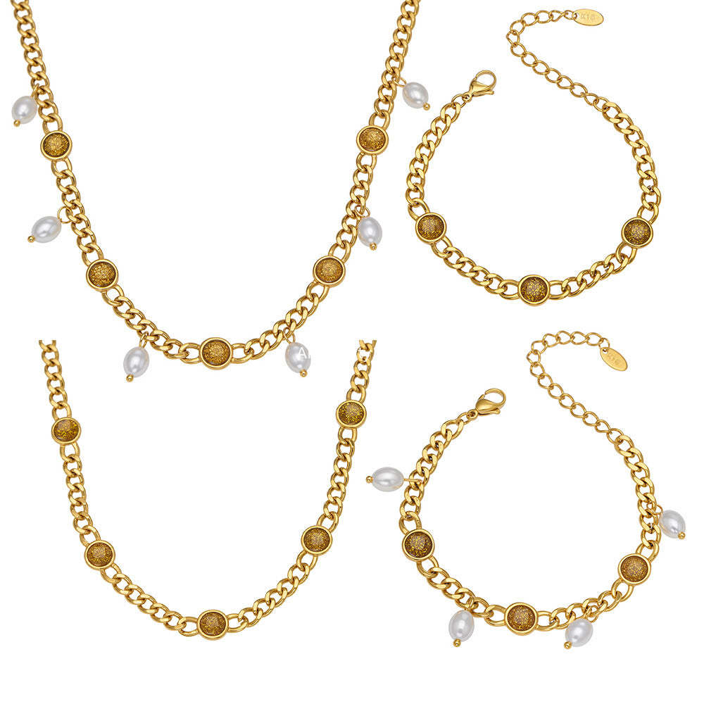 B廠-歐美熱銷款仿珍珠流蘇項鍊手鍊不鏽鋼鍍18k金ins小眾設計首飾套裝「TXP496」25.11-4