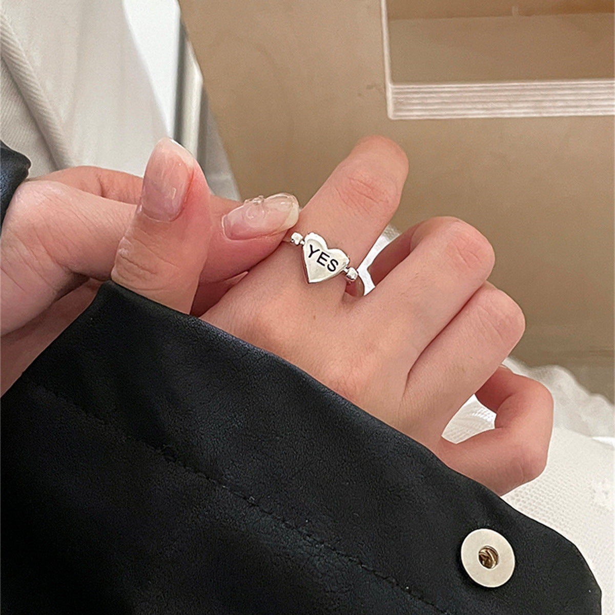 C廠-韓系可翻轉正面yes背面no愛心戒指女冷淡時尚個性高級感純銀指環「JZ-0661」25.07-4