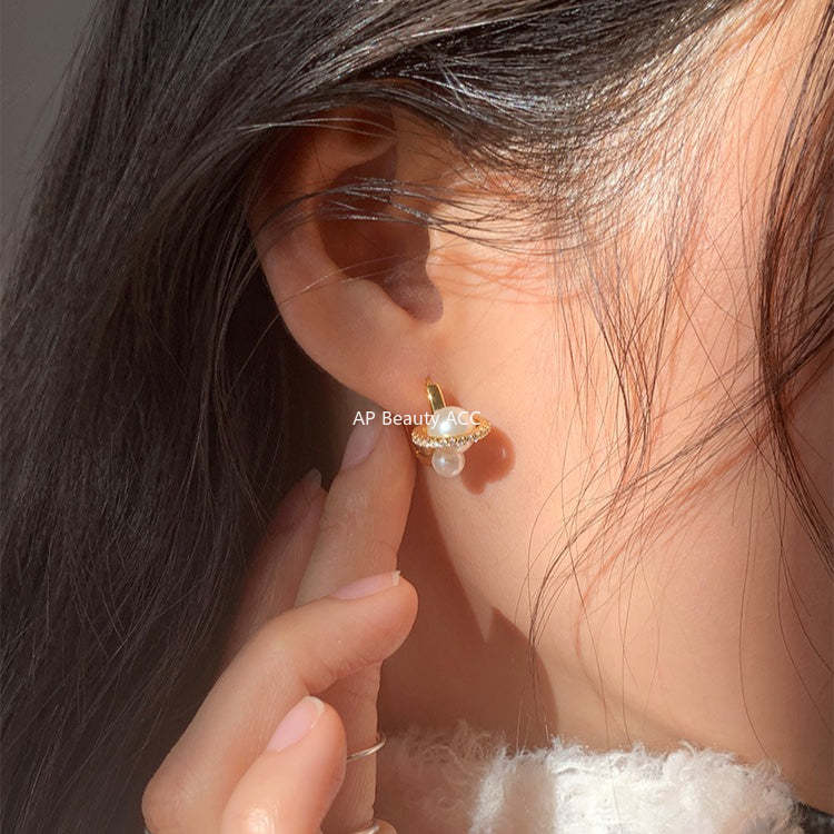 C廠-925銀針鋯石耳環女輕奢復古氣質珍珠耳扣設計感高級秋冬百搭耳飾「EH-4312」25.12-3