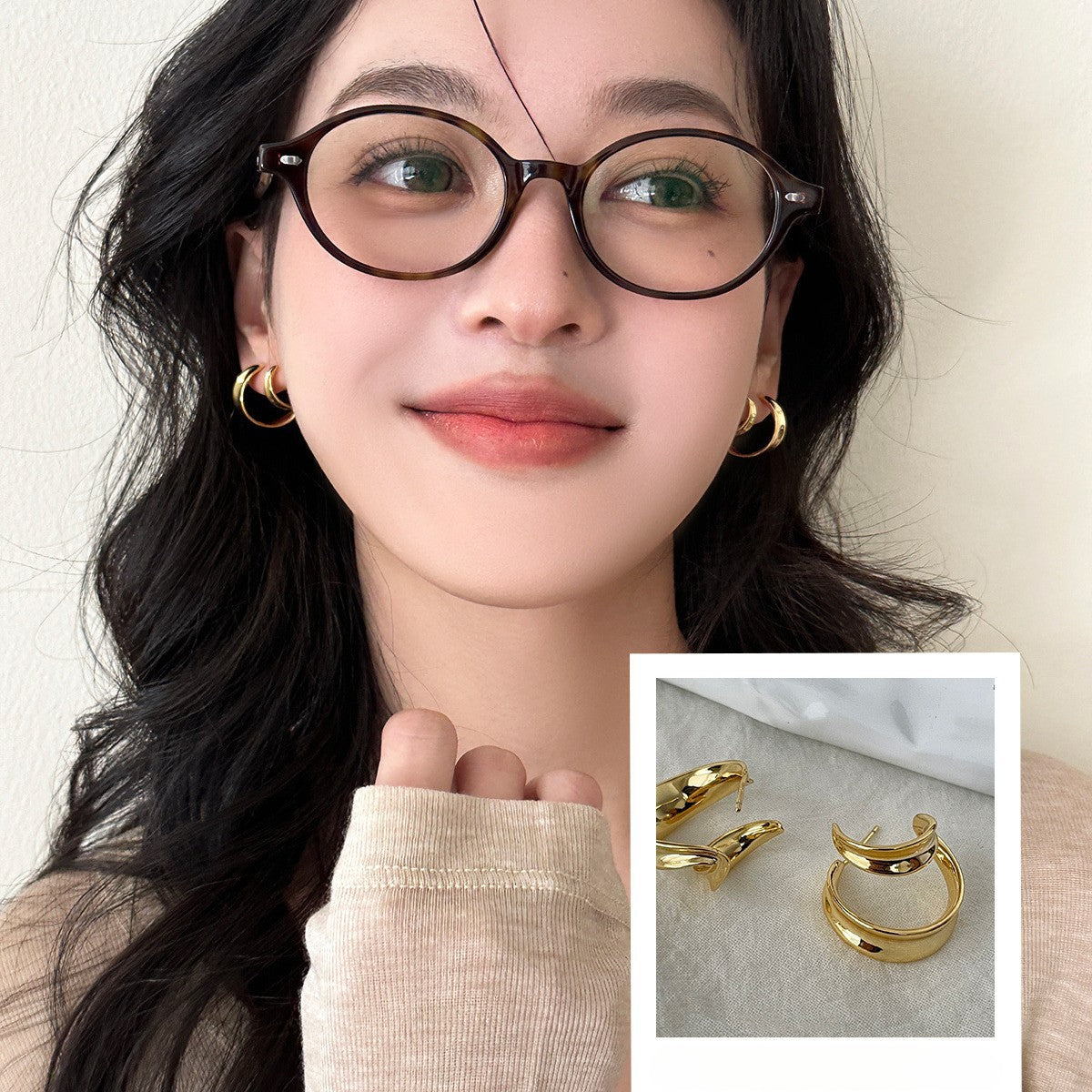 C廠-法式簡約雙環銀針耳釘女時尚通勤高級感氣質耳環小眾百搭新款耳飾「EH-3584」25.05-5