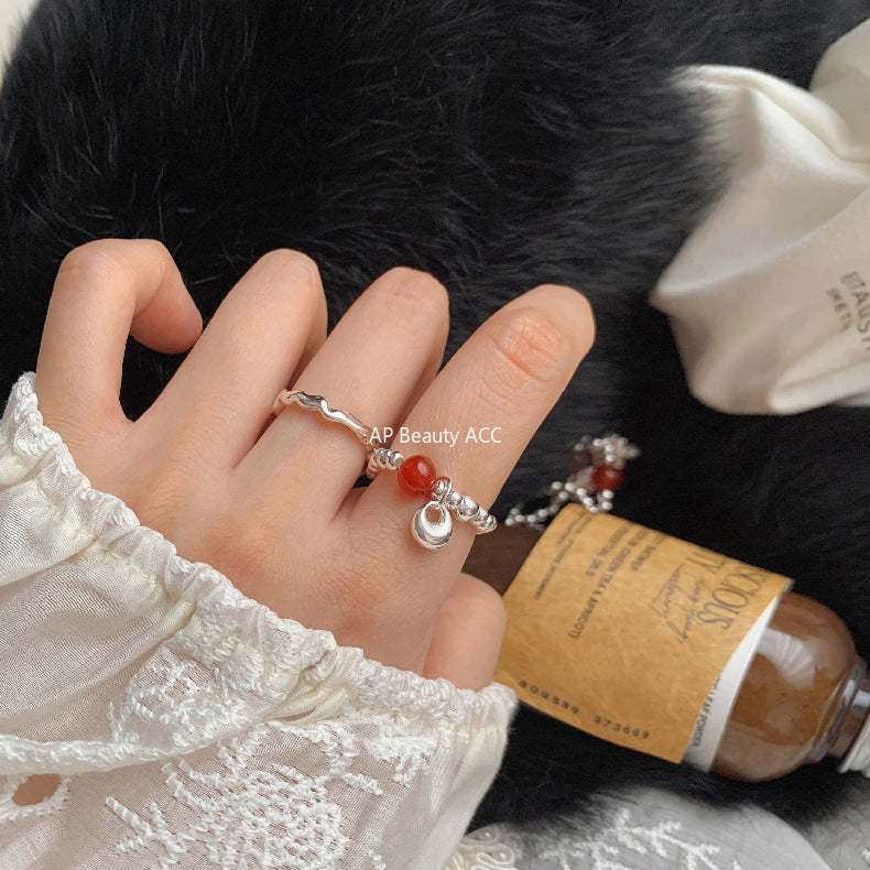 C廠-新中式古風大象小象小魚福袋蝴蝶結錢幣紅瑪瑙S925純銀彈力戒指「1520-1527」25.11-3