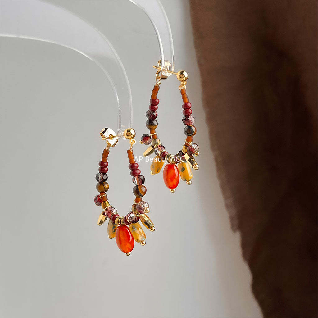 A廠-捷克琉璃手工設計感虎眼石天然石玻璃水晶新款民族風耳飾耳環「6969」25.10-5