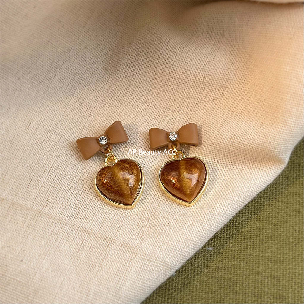 A廠-秋冬熱賣美拉德風咖色大地色蝴蝶結愛心銀針耳環新款耳飾批發「7018」25.11-1