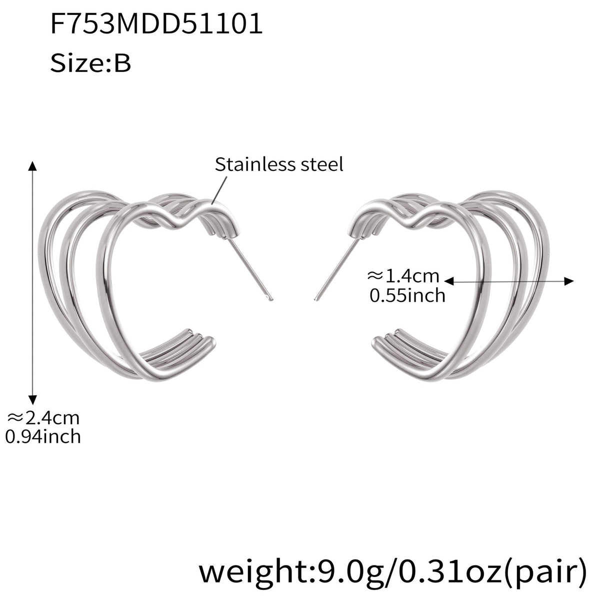 B廠-ins風小眾設計三層愛心形耳環不鏽鋼18k鍍金耳釘不掉色耳飾「F753」25.11-1