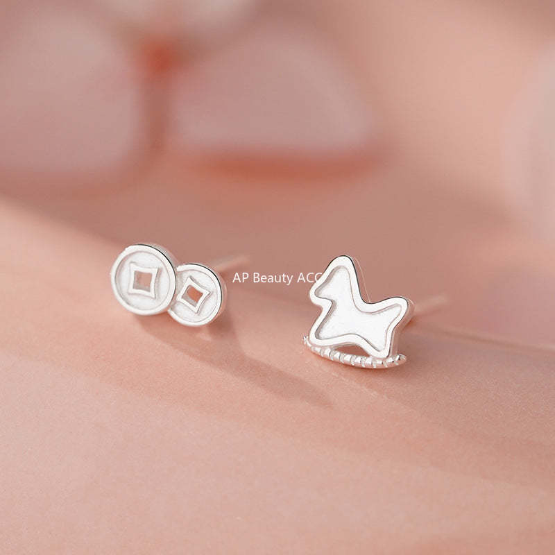 D廠-S999足銀木馬銅錢耳環新中式簡約氣質本命年氣質小眾耳飾批發「YC2891E_1」25.11-3