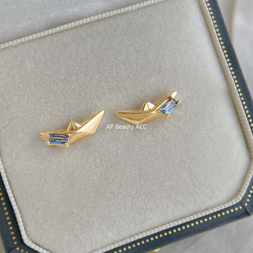 A廠-原創漂流船~鑲嵌海藍寶鋯石925銀針個性創意設計新款耳釘「7159」25.11-4