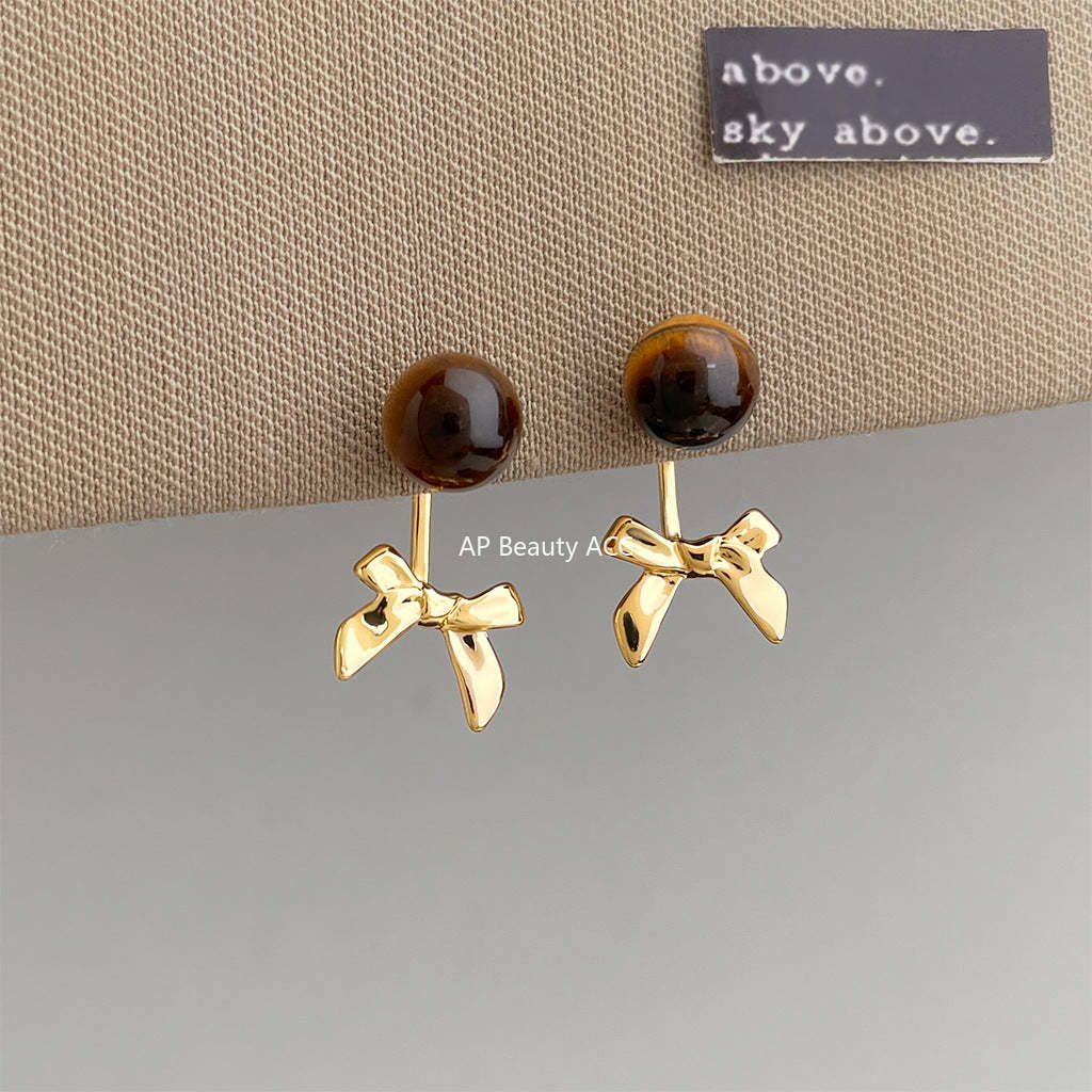 A廠-時尚高級感一款兩戴天然石虎眼石蝴蝶結耳環女文藝復古美拉德耳飾「7210」25.12-2