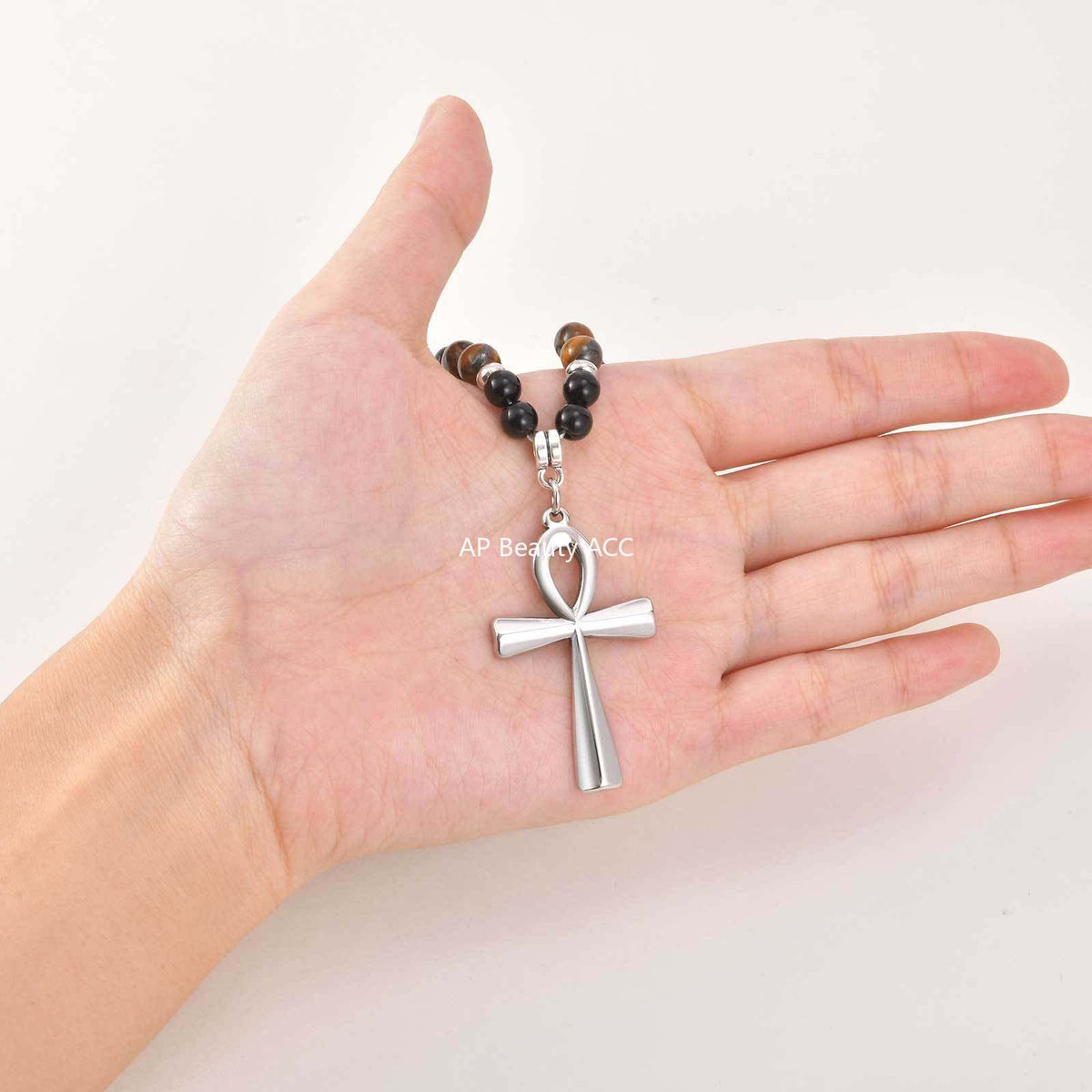 G廠-新款不鏽鋼安卡十字架黑色亞克力圓珠虎眼石串珠項鍊鋼色「NC-1700」25.12-2