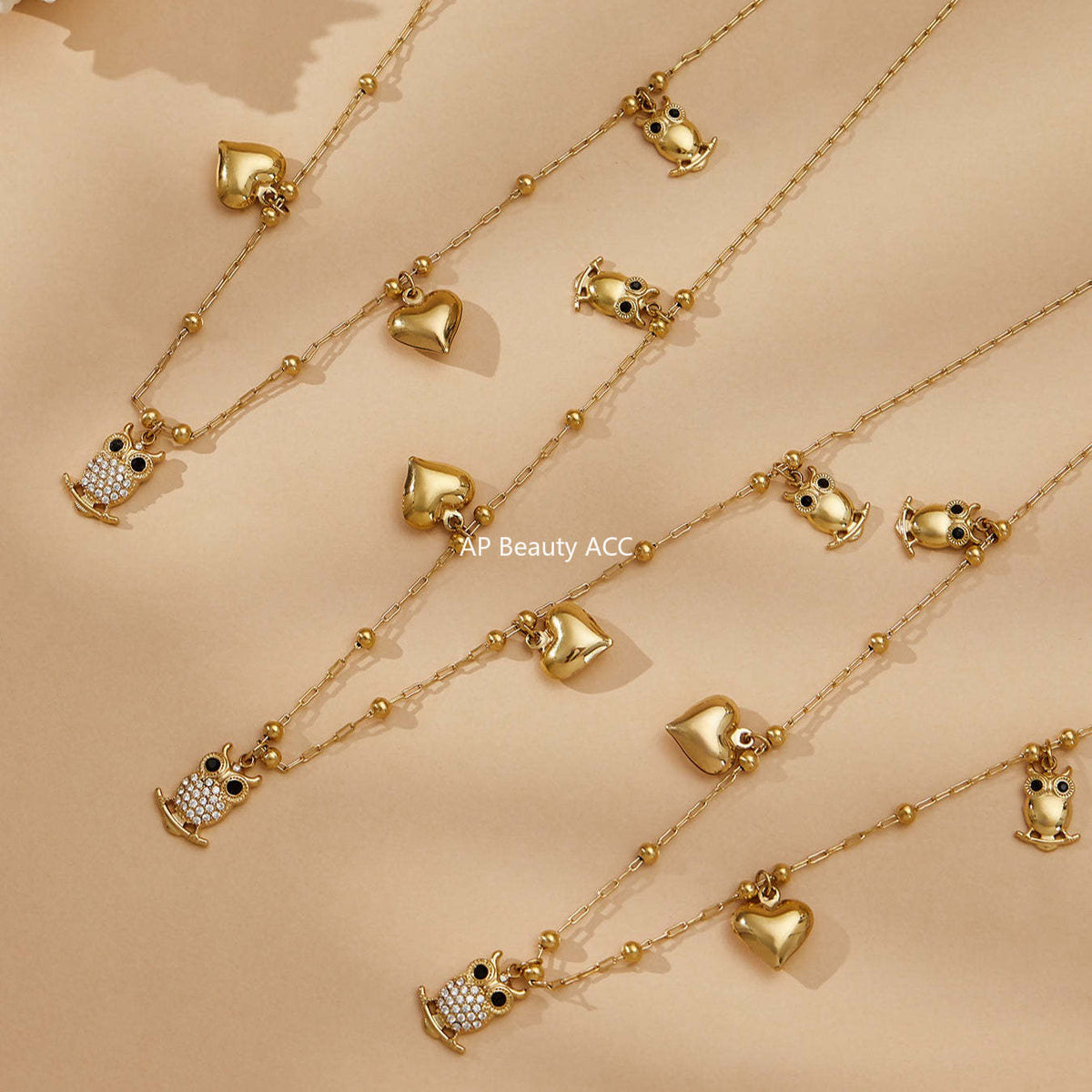 B廠-不鏽鋼貓頭鷹鑲鋯石DIY多配件愛心吊墜項鍊手鍊首飾套裝鍍18k真金「TXP528」25.12-3