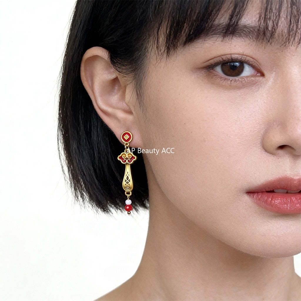 A廠-新年款玉如意琺瑯手工彩繪滴釉紅色新款耳環工廠長款新中式耳環飾品「7214」25.12-2