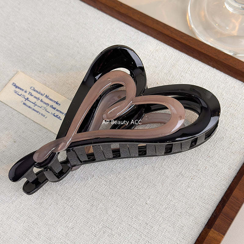 E廠-秋冬奶咖色漸變雙層愛心抓夾個性ins風不規則後腦勺髮抓盤髮夾女「27753」25.12-1