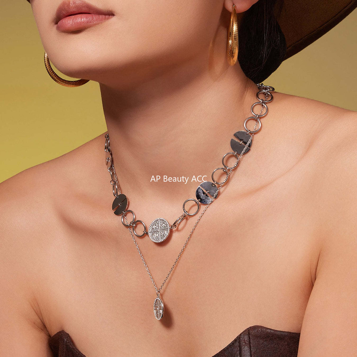 B廠-歐美新款配飾不鏽鋼圓片字母鑲嵌鋯石項鍊手鍊套裝鍍18k金「TXP488」25.11-4