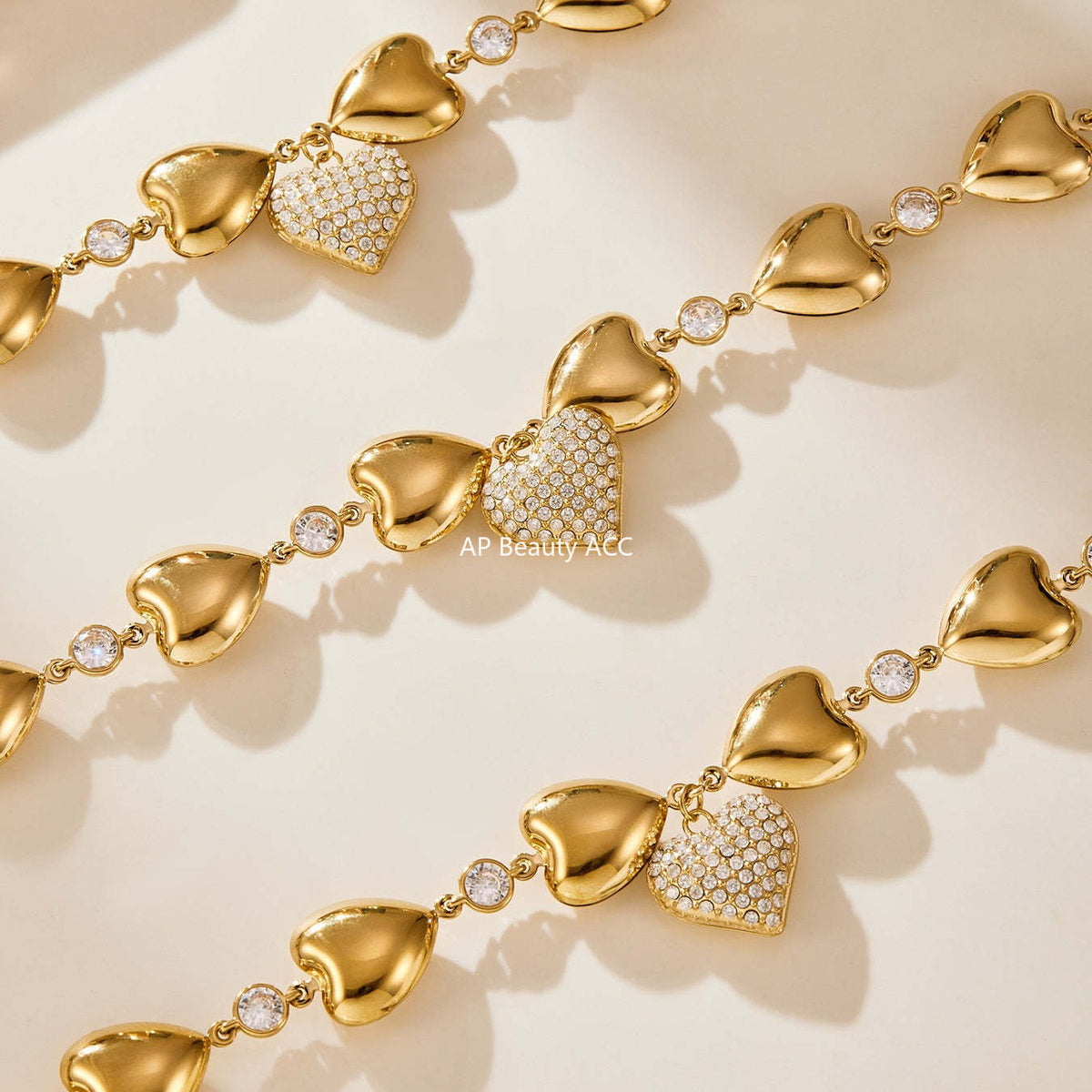 B廠-重工高質5A鋯石愛心滿鑽不鏽鋼空心項鍊鍍18k真金珠寶首飾「P1344」25.11-3