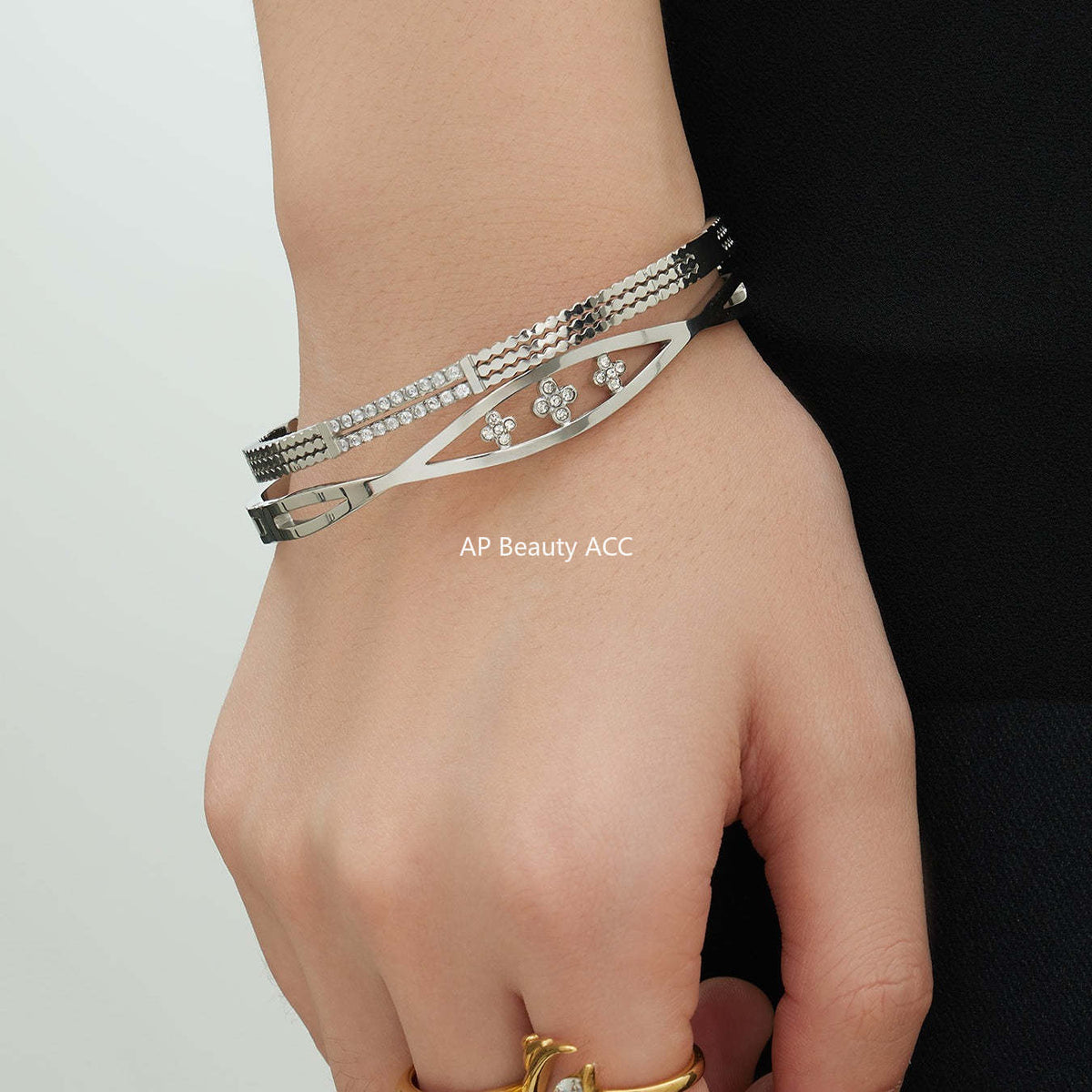 B廠-不鏽鋼單排鑽鋯石卡扣手鐲組合歐美時尚潮酷手飾品鍍18k金不掉色「Z512-15」25.12-2