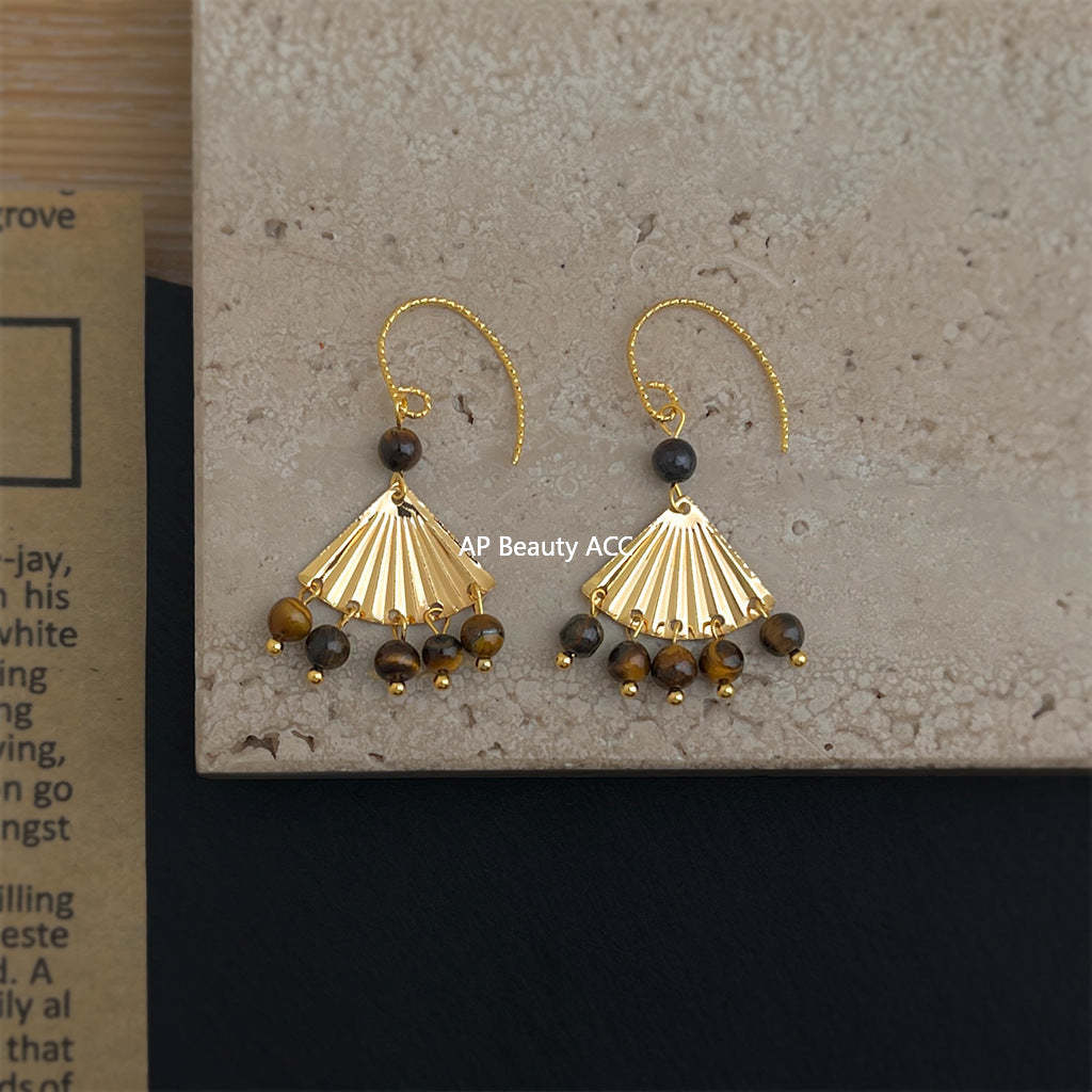 A廠-美拉德風虎眼石天然石手工設計感扇形流蘇咖色秋冬新款耳飾耳環「7020」25.11-1