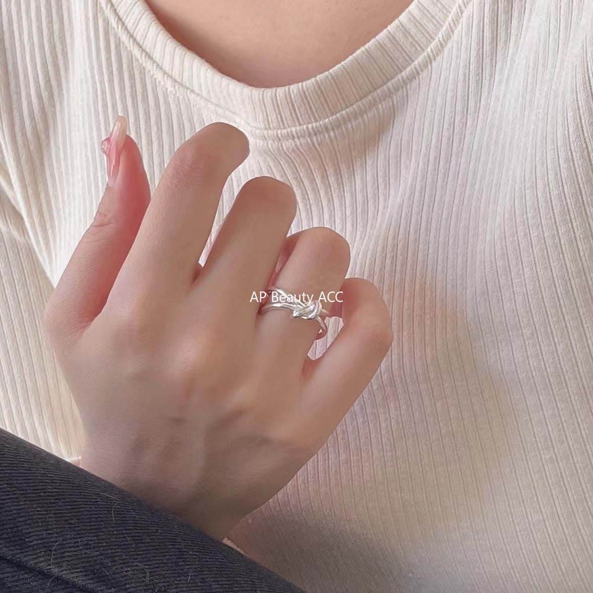 F廠-日韓打結開口925純銀戒指女金色食指環戒子韓國簡約手飾品「J743」25.11-2