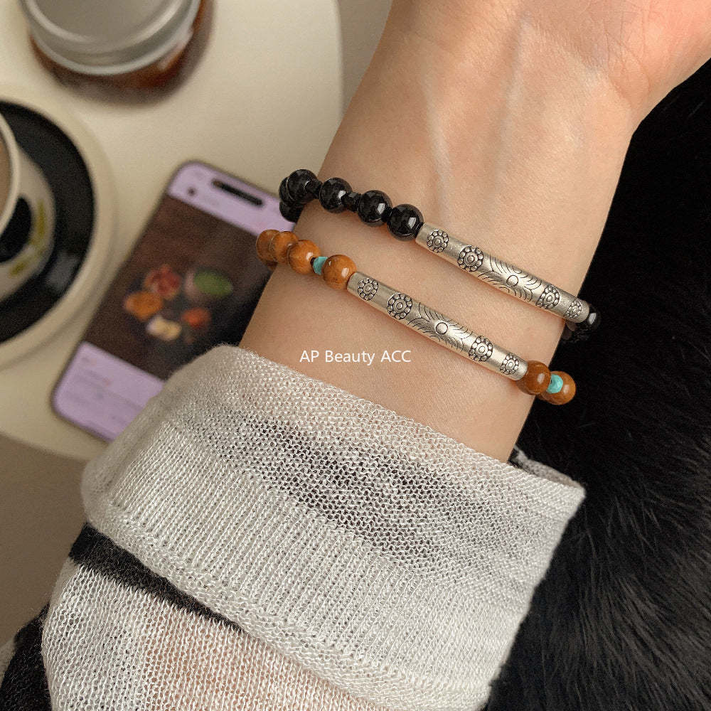 C廠-藏式古風花朵半鐲手鍊黑尖晶黑瑪瑙鋁鎂礦菩提彈力手串S925銀手鍊「1612」25.11-4