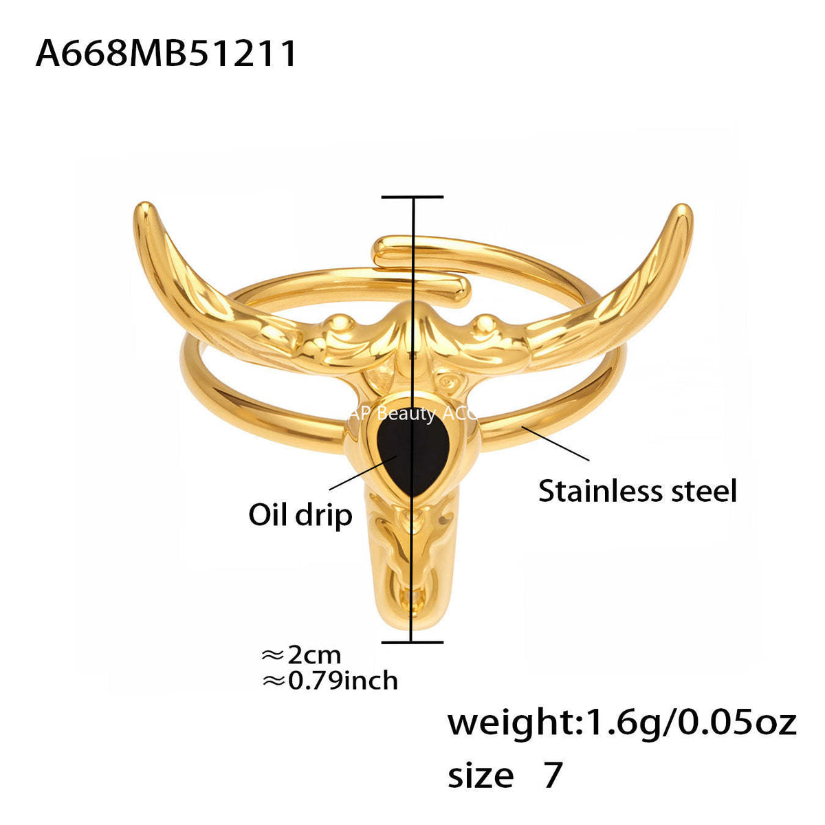 B廠-不鏽鋼牛頭馬滴油開口可調節戒指鍍18k真金歐美時尚百搭朋克指環「A668-A689-A670」25.12-3