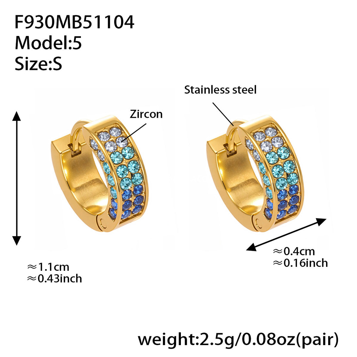 B廠-ins風高質量彩色5A鋯石圓圈卡扣耳環不鏽鋼鍍18k真金耳飾女「F930」25.11-2