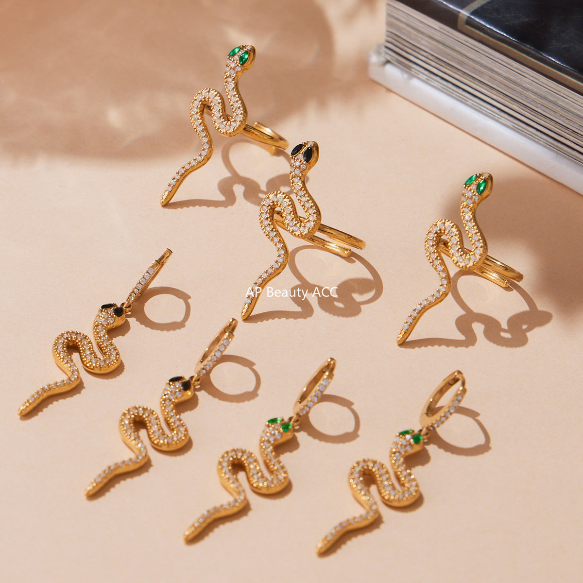 B廠-精緻5A鋯石蛇形滿鑽不鏽鋼戒指耳環首飾套裝鍍18k金跨境飾「TXF412」25.10-1