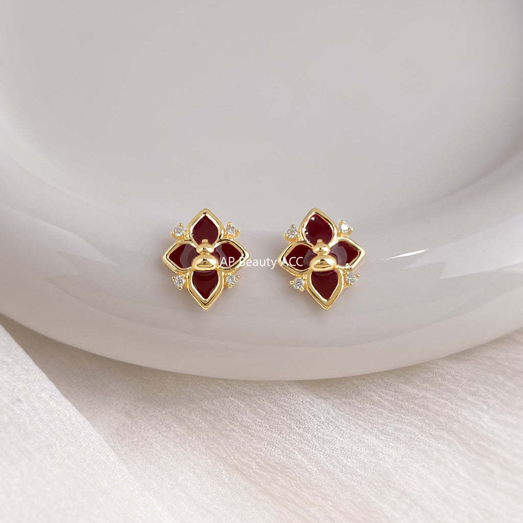 A廠-福祿~葫蘆原創設計925銀針微鑲鋯石琺瑯滴釉酒紅色芒星耳釘耳飾女「6988」25.10-5