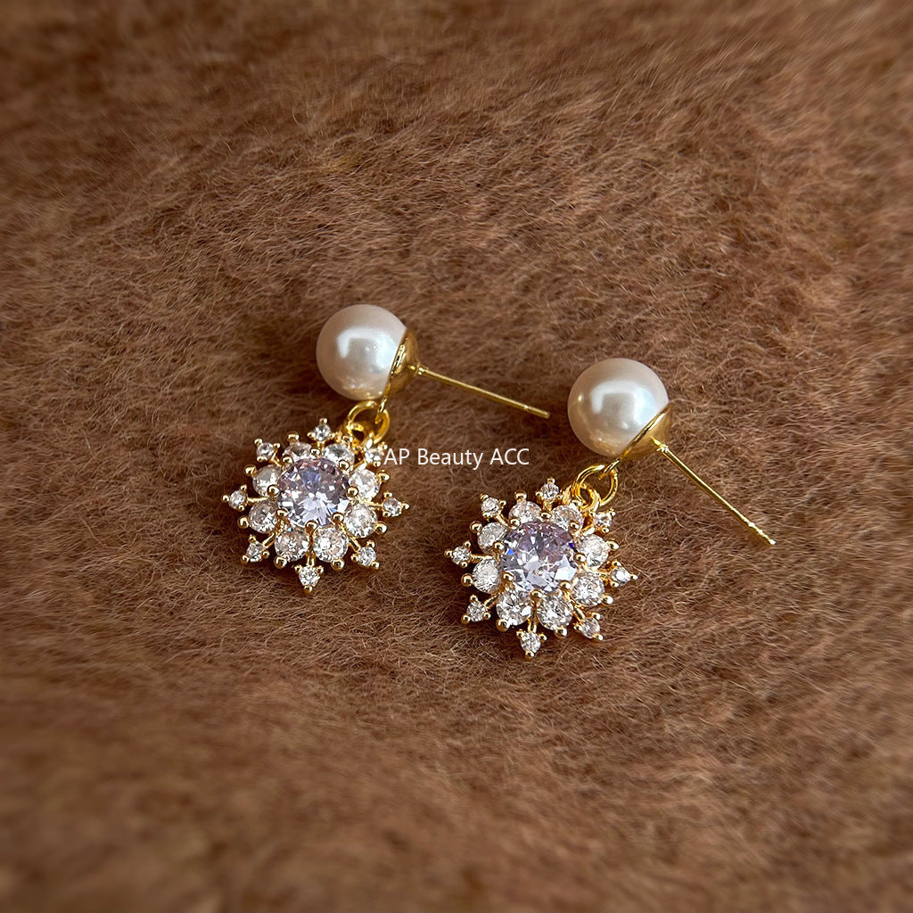 A廠-時尚輕奢高級感鋯石雪花珍珠耳環氣質唯美新款手工耳環「7078」25.11-2